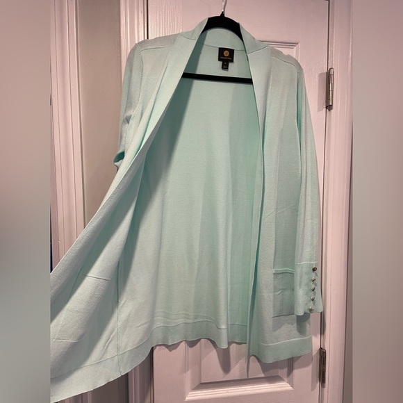 JM Collection Size LP Seafoam Open Front Gold Button Cuff Cardigan Lightweight - Picture 4 of 13